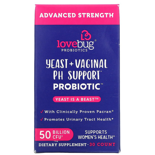 LoveBug Probiotics  Yeast + Vaginal PH Support Probiotic  Advanced Strength  50 Billion CFU  30 Count