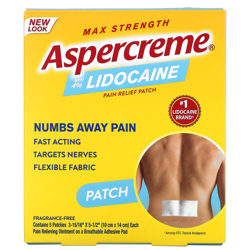 Aspercreme  Pain Relief Patch with 4% Lidocaine  Max Strength  Fragrance-Free  5 Patches  (10 cm x 14 cm) Each