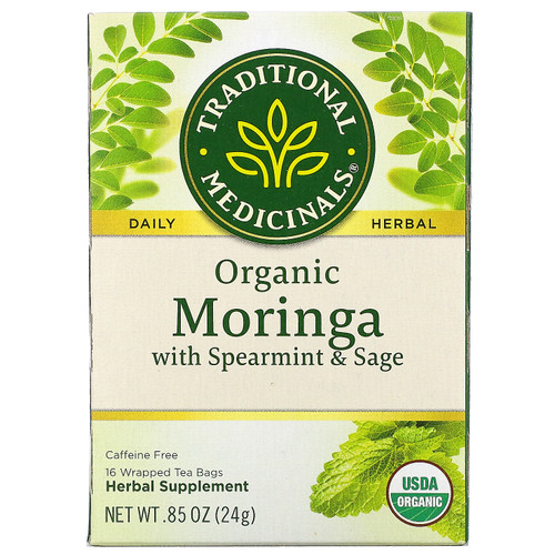 Traditional Medicinals  Organic Moringa with Spearmint & Sage  Caffeine Free  16 Wrapped Tea Bags  .85 oz (24 g)