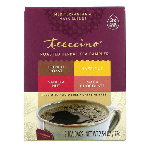 Teeccino  Roasted Herbal Tea Sampler  4 Flavors  Caffeine Free  12 Tea Bags  2.54 oz (72 g)