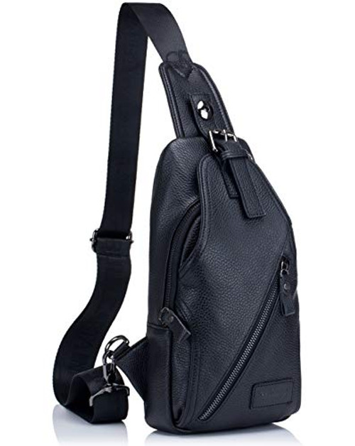 Genuine Leather Men Shoulder bag Sling Chest bag Travel Hiking Backpack Crossbody Bag (Black)