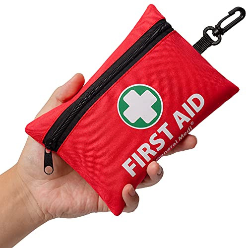 Mini First Aid Kit  110 Pieces Small First Aid Kit - Includes Emergency Foil Blanket  CPR Respirator  Scissors for Travel  Home  Office  Vehicle  Camping  Workplace & Outdoor (Red)
