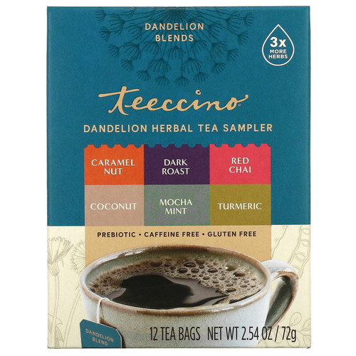 Teeccino  Dandelion Herbal Tea Sampler  6 Flavors  Caffeine Free  12 Tea Bags  2.54 oz (72 g)