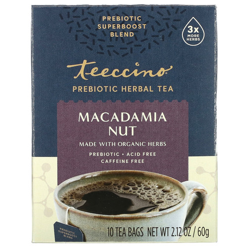 Teeccino  Prebiotic Herbal Tea  Macadamia Nut  Caffeine Free  10 Tea Bags  2.12 oz (60 g)