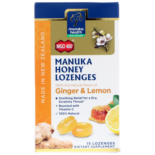 Manuka Health  Manuka Honey Lozenges  MGO 400+  Ginger & Lemon  15 Lozenges