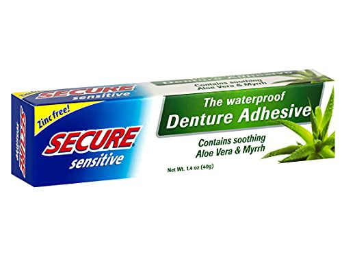 Secure Sensitive Gums Waterproof Denture Adhesive Zinc Free with Aloe Vera & Myrrh - Extra Strong 12 Hour Hold - 1.4 oz