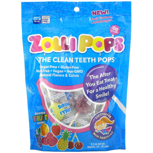 Zollipops  The Clean Teeth Pops  Strawberry  Orange  Raspberry  Cherry  Grape  Pineapple  Approx. 23-25 ZolliPops  5.2 oz