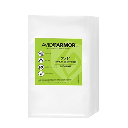 Sacos seladores a vácuo Avid Armor, tamanho pequeno, 5" x 8" para alimentos, selar um tipo de refeição e Sous Vide, livre de BPA, saco de armazenamento pré-cortado em relevo de nível comercial para serviços pesados, design universal, pacote com 100