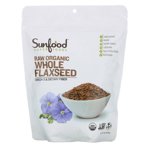 Sunfood  Superfoods  Raw Organic Whole Flaxseed  1 lb (453.5 g)