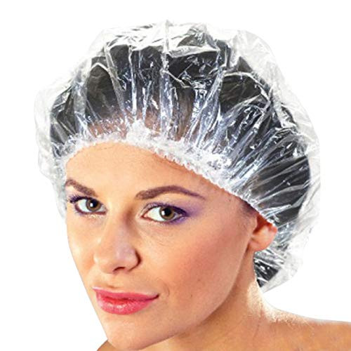 100 Disposable Clear Mop Mob Caps Clipped Hair Head Cover Shower Cap Plastic for Beauty Salon Food Service Hospitals Laboratories Manufacturing or Spray Tanning