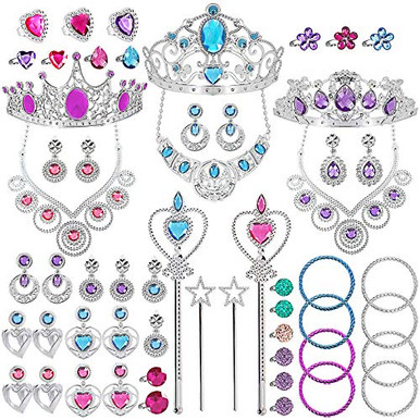 Tagi 56 Pack Princess Jewelry for Girls Princess Pretend Jewelry Toys Play Jewelry for Girls Included Crown Wand Necklace Bracelet Rings Earrings