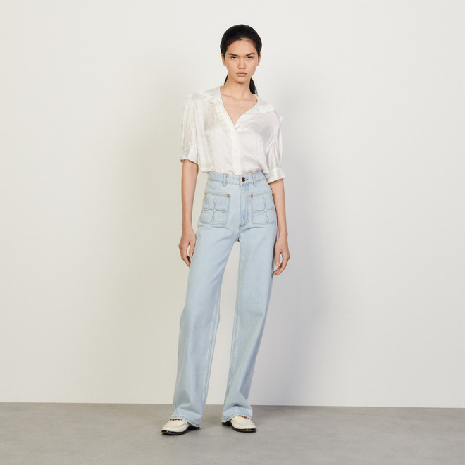 Wide leg jeans with embroidered pockets - Denim