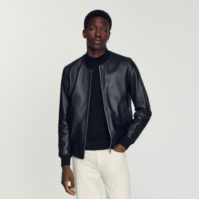 Smooth leather varsity jacket - Black