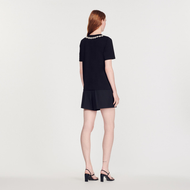 Organic cotton jewelled collar T-shirt - Black