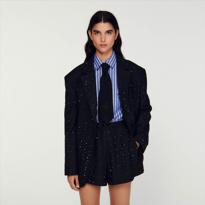 Rhinestone wool shorts - Black
