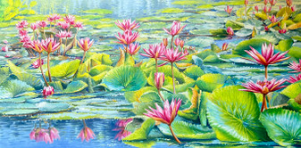 W003574 - Olio su Tavola - Lago e Ninfee - 200x 100