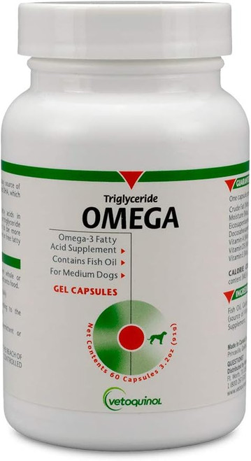 Vetoquinol Triglyceride Omega Capsules, 1000 mg for Dogs 30-60lbs