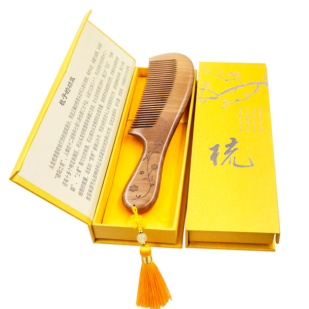 Beautifully Carved Peach Comb With Traditional Asian Hangings 5861