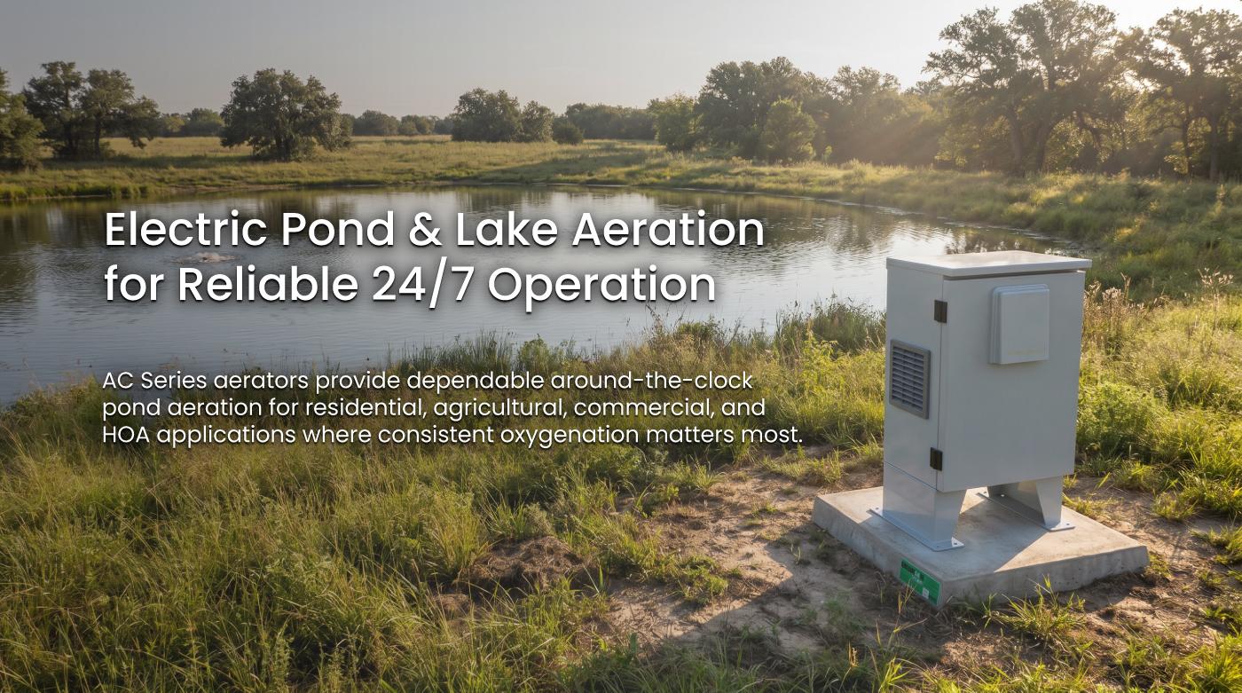 Electric pond and lake aerator cabinet installed near pond