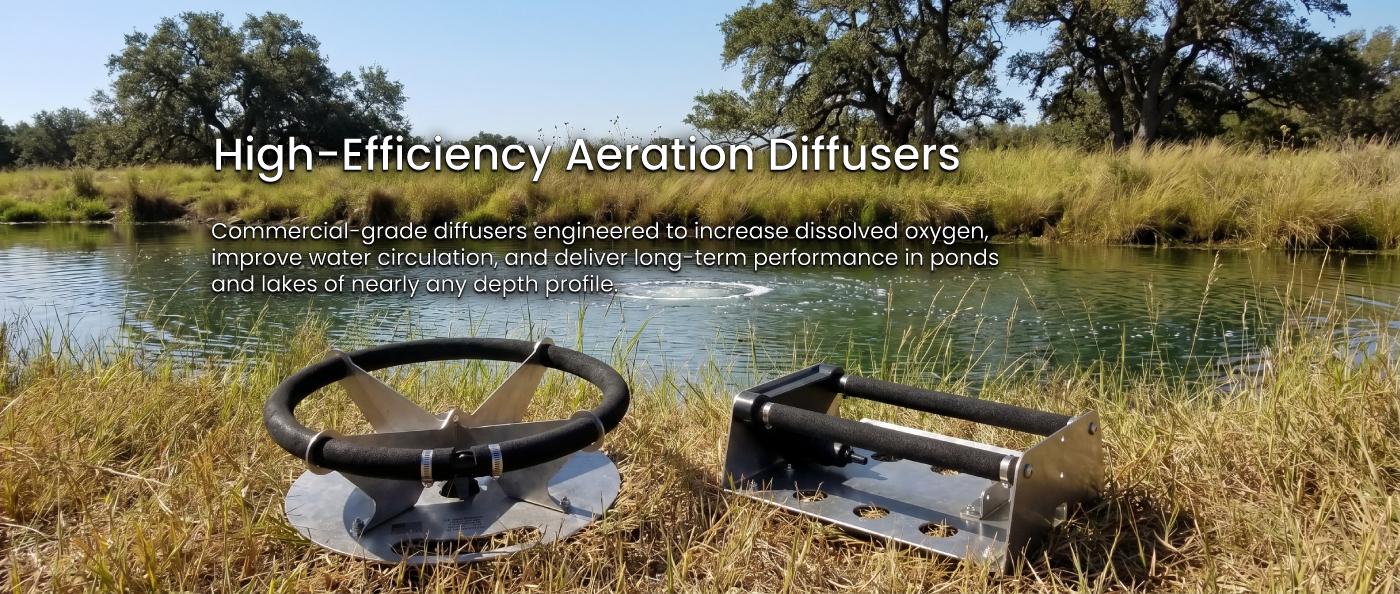 Fine bubble pond and lake aeration diffusers for high-efficiency oxygen transfer