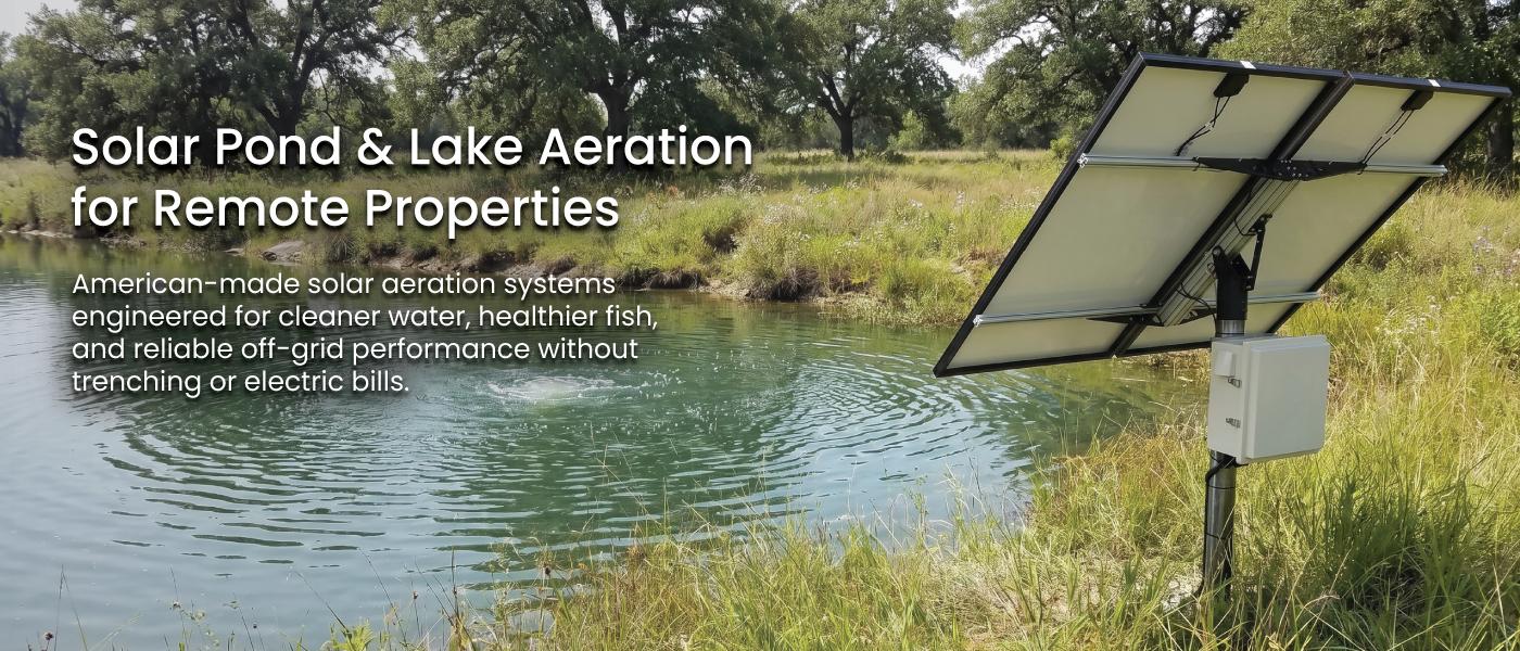 Solar pond and lake aeration system installed on a remote off-grid property