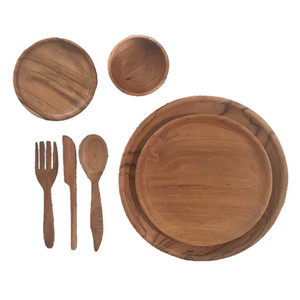 Teak Plate Setting 7 Piece Set by Papoose Toys| Teak Plate Setting 7 Piece Set by Papoose Toys|
