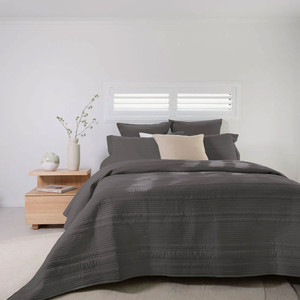 Flinders Embossed Coverlet Set in classic stripe design in Charcoal Grey colourway, styled on a queen bed Flinders Embossed Coverlet Set in classic stripe design in Charcoal Grey colourway, styled on a queen bed