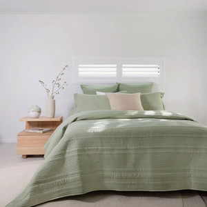 Flinders Embossed Coverlet Set in classic stripe design in sage colourway, styled on a queen bed Flinders Embossed Coverlet Set in classic stripe design in sage colourway, styled on a queen bed