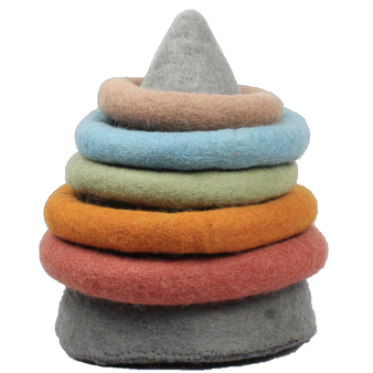 Earth-coloured felt quoits set with five graduated rings and a cone-shaped base, handmade in Nepal