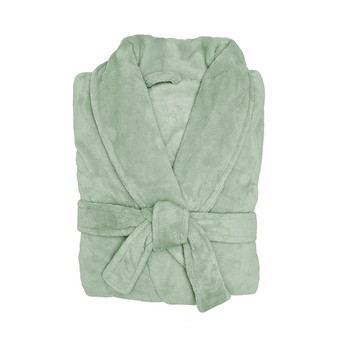 Folded Bambury Microplush Bath Robe in Sage Green, highlighting ultra-soft coral fleece fabric