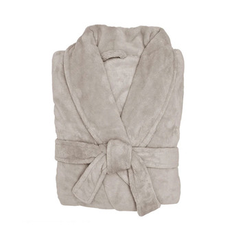Folded Bambury Microplush Bath Robe in Stone, highlighting ultra-soft coral fleece fabric