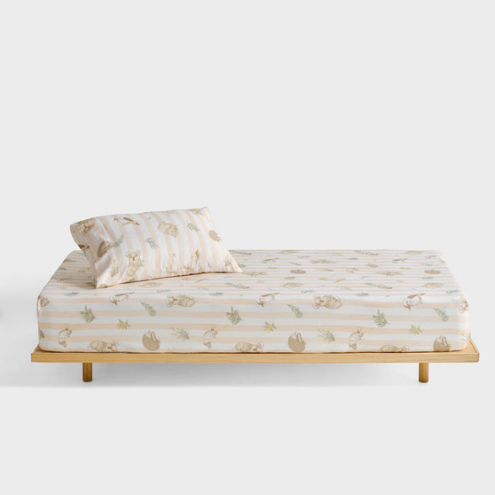 Bush Walk combo sheet set by Linen House Kids featuring hand-painted gum nuts and native animals on wide-striped cotton percale