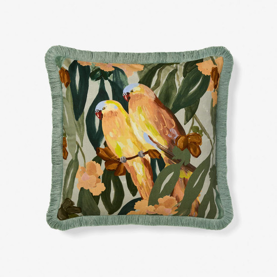 Linen House Paruna Parrot cotton cushion with printed parrot and native flora design