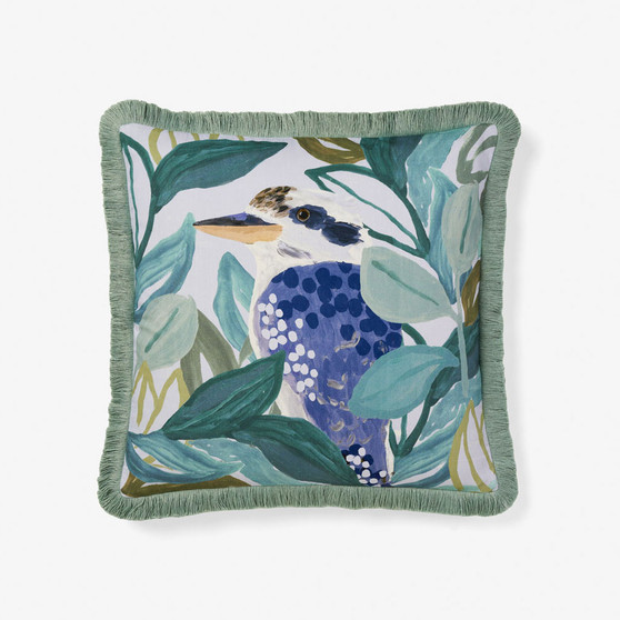 Linen House Kyneton Kookaburra cushion with printed cotton kookaburra and native flora design