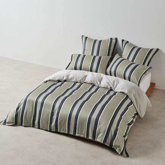 Linen House Nara Stripe Bluestone quilt cover set styled on bed