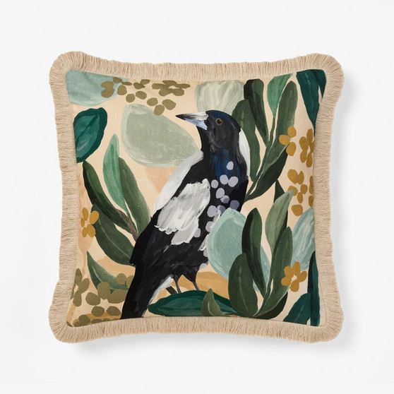Linen House Mount Gambier Magpie cushion with printed cotton magpie and native flora design