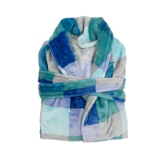 Ocean colour Charlie Ultraplush Robe folded with belt, showing blue and green check pattern.