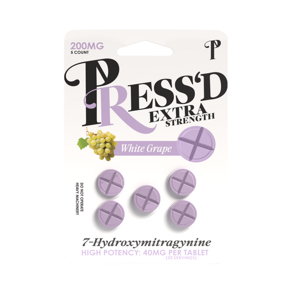 Press'd Extra Strength 40mg 7-Hydroxymitragynine Tablets 5 Count Pack - 200mg in total - White Grape