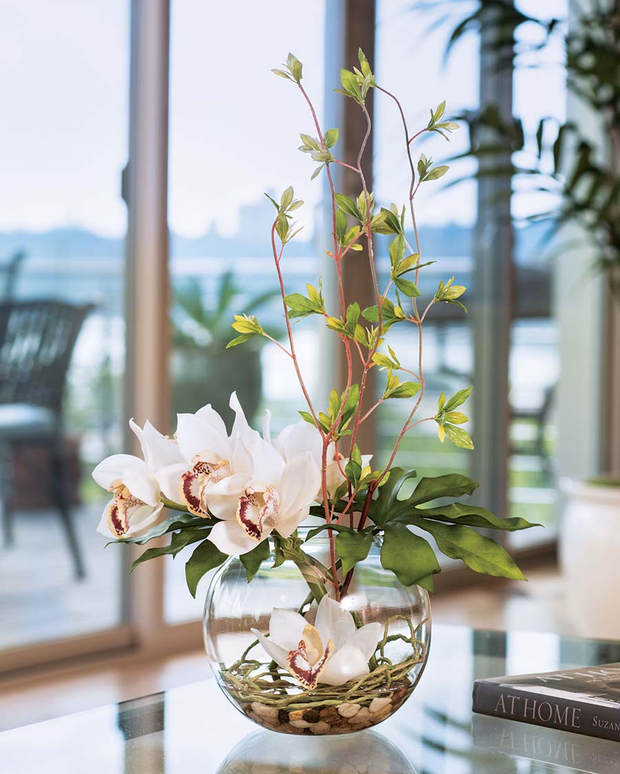 Cymbidium Orchid & Monstera Leaf Artificial Flower Arrangement