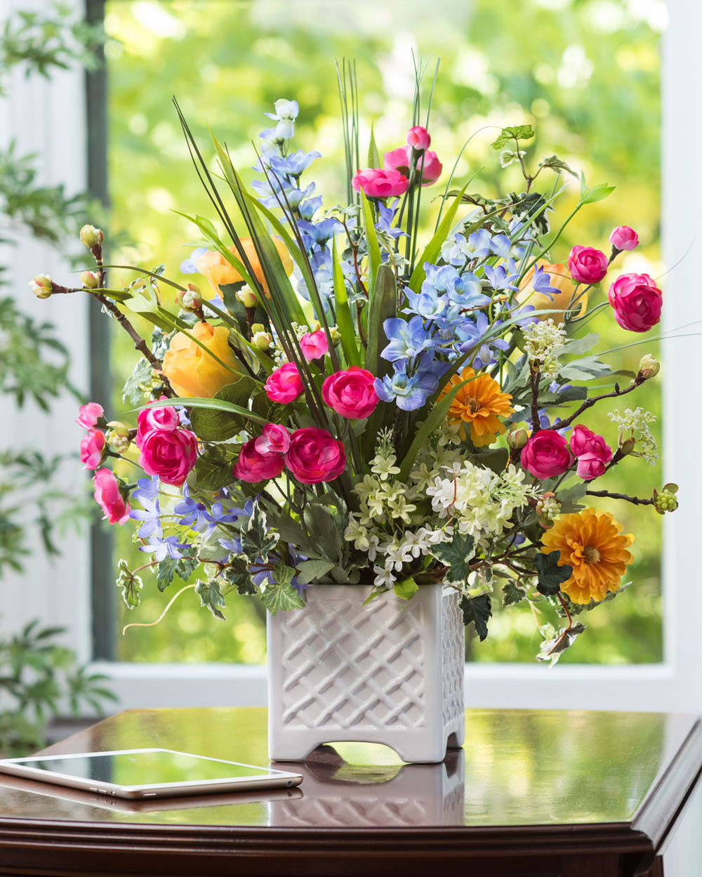 Larkspur, Ranunculus & Rose Silk Flower Arrangement