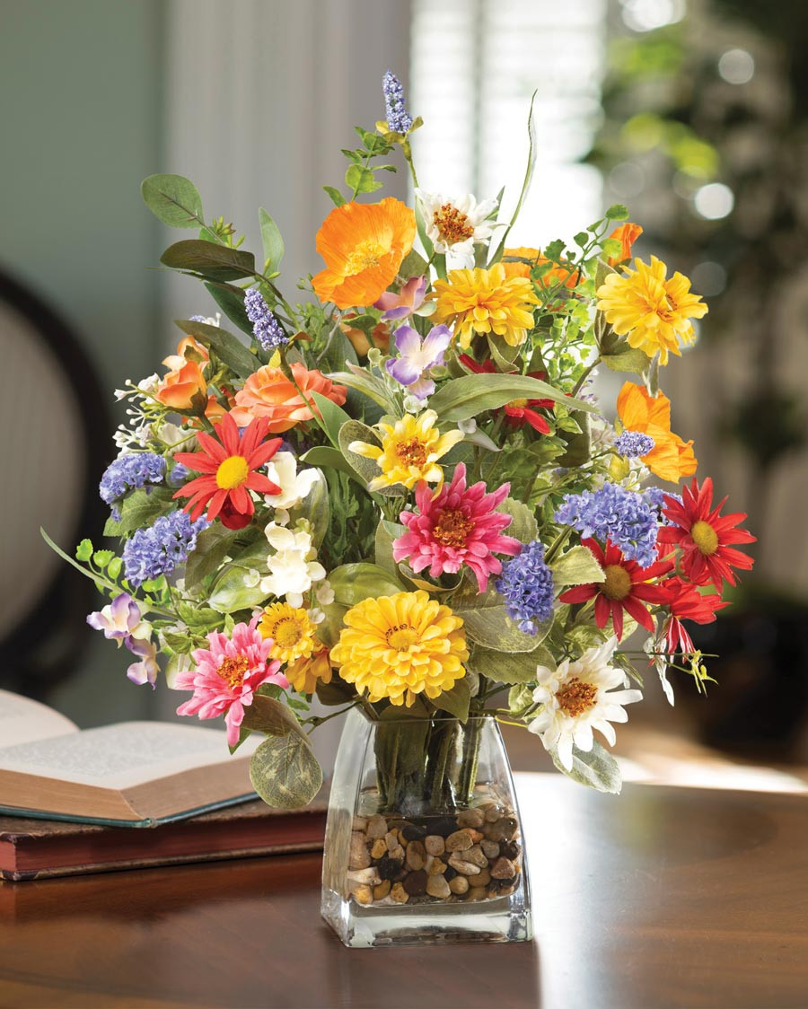 Buy lifelike Daisy, Statice & Zinnia faux flower centerpiece at