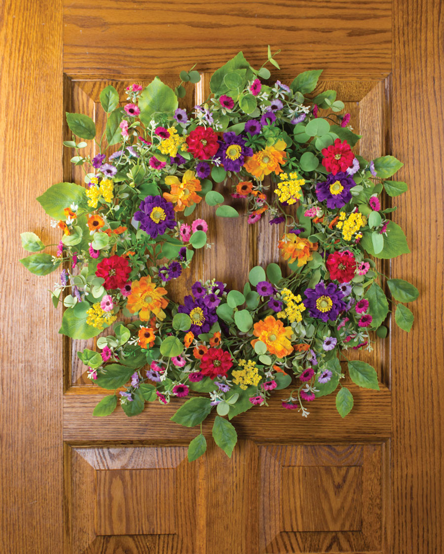 Buy happy, bright, and colorful Zinnia & Daisy silk flower wreath