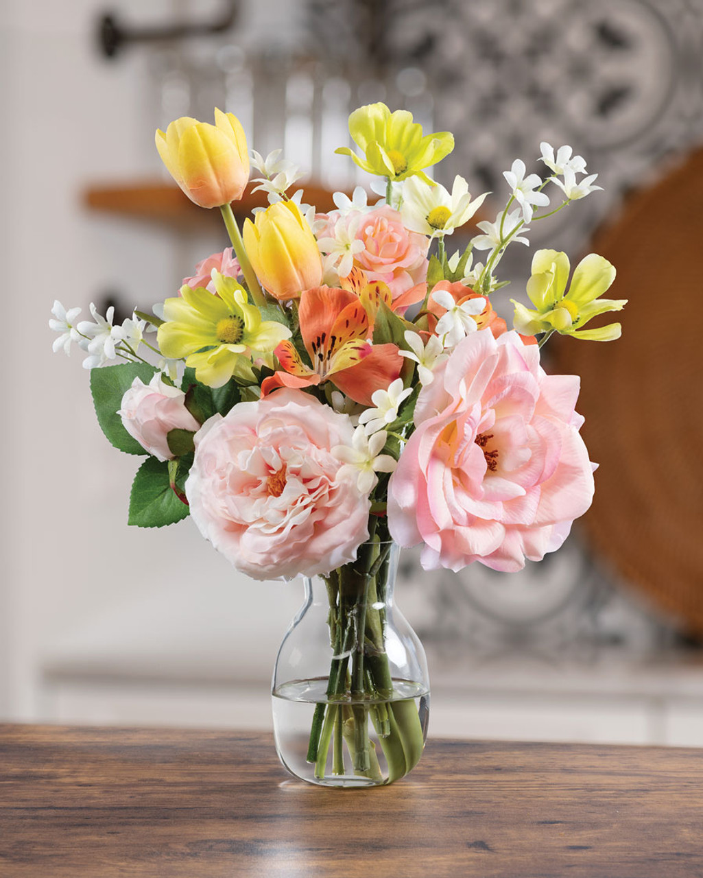 Buy soft and soothing Roses, Cosmos & Tulips silk flower arrangement at