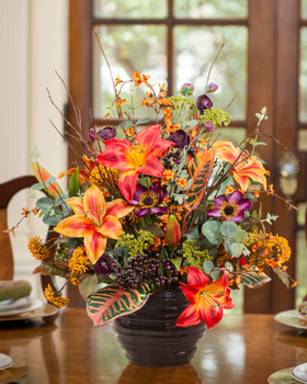 Lily, Croton & Berries Silk Flower Centerpiece