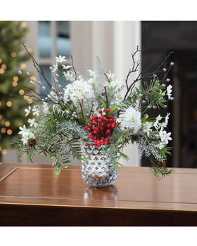 Hydrangea, Berries & Iced Pine Artificial Holiday Arrangement