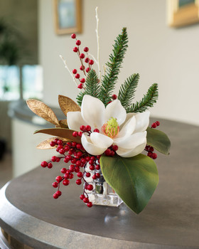 Artificial Silk Christmas Arrangement. Faux Pine Branches. Red Holly  Berries With Faux Accent Pine Cones. Natural Wicker Square Container. 