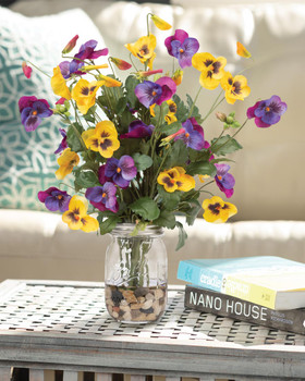 Pansy Perfect Faux Flower Arrangement arranged with pebbles in a pint mason jar of clear acrylic water. Available at Petals.