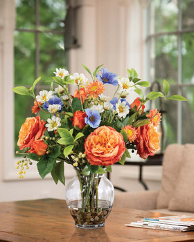 Cabbage Roses & Cosmos Silk Flower Centerpiece in Orange and Blue.