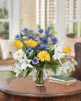 Celebration Bouquet Faux Flower Arrangement in Blue and Yellow.