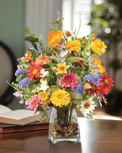 Daisy, Statice & Zinnia Faux Flower Centerpiece